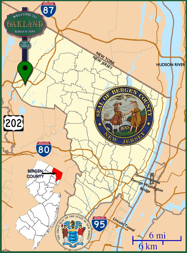 Showing the location of Oakland, NJ on Bergen County Map with New Jersey State inset