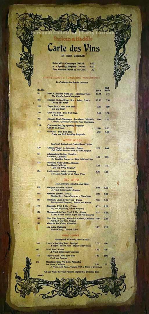 photo of the wine menu from the sirloin and saddle restaurant
