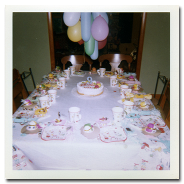 Larry Lachance, 9th Birthday table with cake and baloons