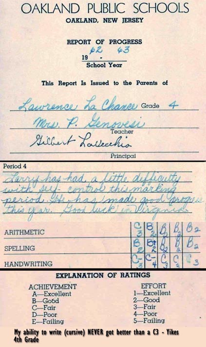 Larry Lachance's 4th Grade Report Card with comments
