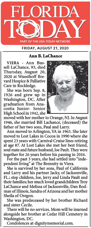 Florida Today Obituary Ann Lachance (click to open)