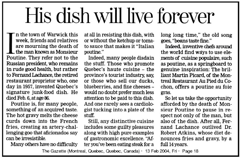 Fernand Lachance Dies - His Dish Will Live On Forever