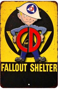 Old fallout shelter sign with added Civil Defense icon