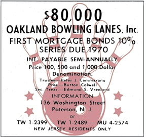 Old Newspaper soliciation of funds for new bowling alley in Oakland, New Jersey